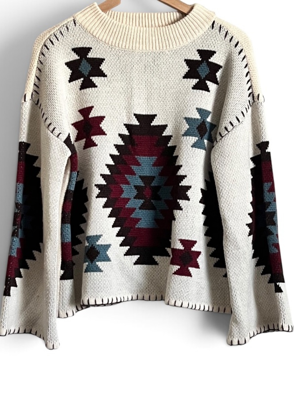 ROCKIN C Southwest Sweater Crewneck Pullover Cream Aztec Print M